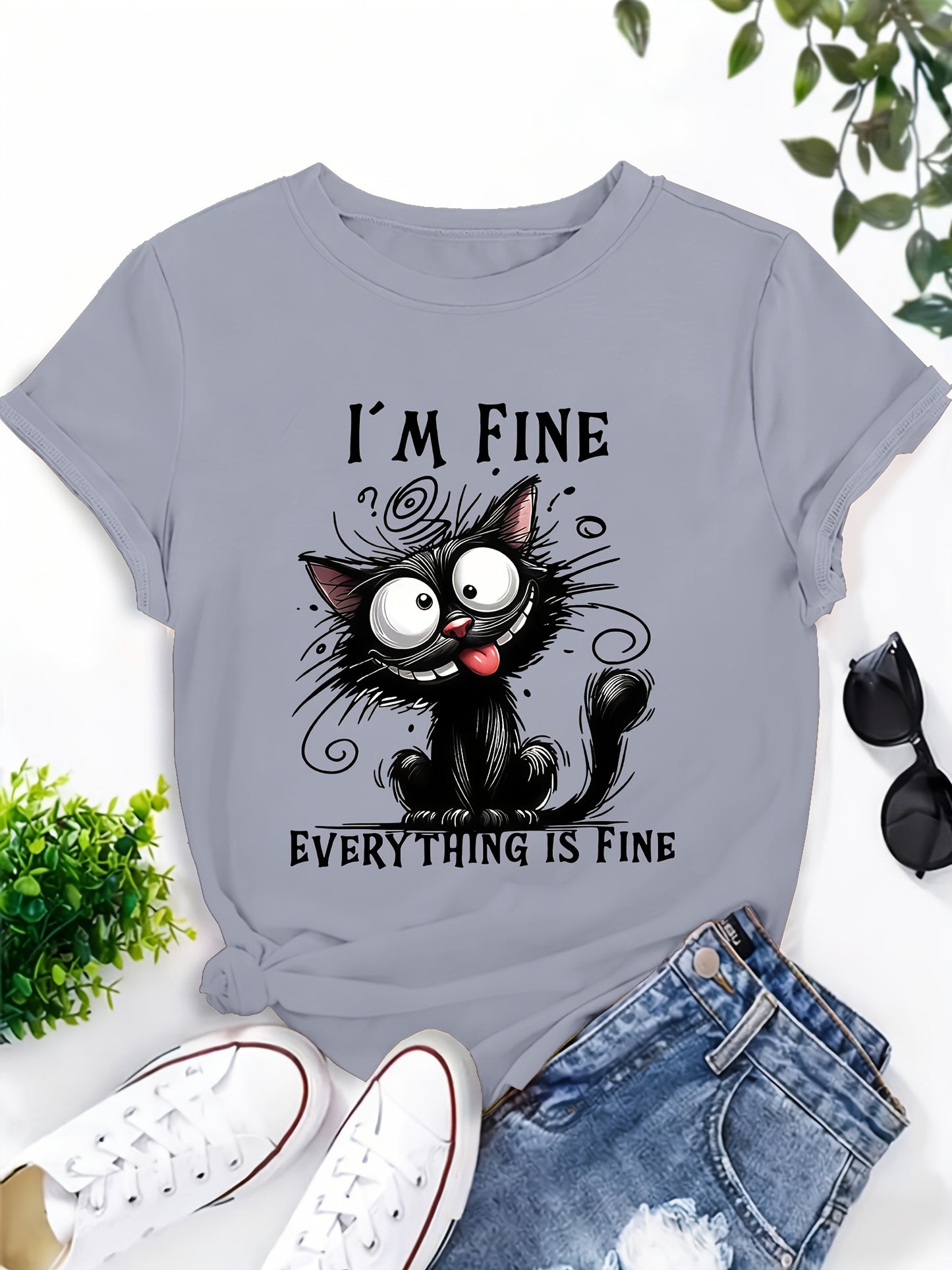 [ 70% off Special Offer]Women'S Short Sleeve T-Shirt, Fun Cat Design "I'm Fine, I'm Fine, Everything'S Fine" Cat Lover Gift Pattern Print, Elegant Sweet Cute Vacation Commuting T-Shirt, Party T-Shirt, Home Essential T-Shirt