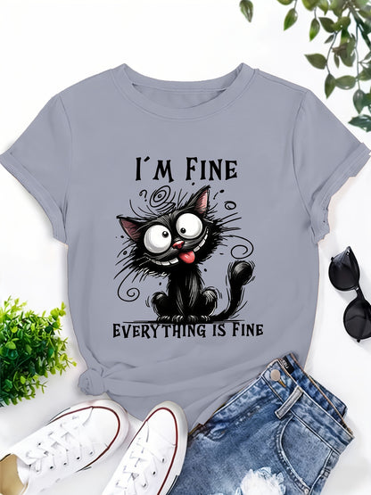 [ 70% off Special Offer]Women'S Short Sleeve T-Shirt, Fun Cat Design "I'm Fine, I'm Fine, Everything'S Fine" Cat Lover Gift Pattern Print, Elegant Sweet Cute Vacation Commuting T-Shirt, Party T-Shirt, Home Essential T-Shirt