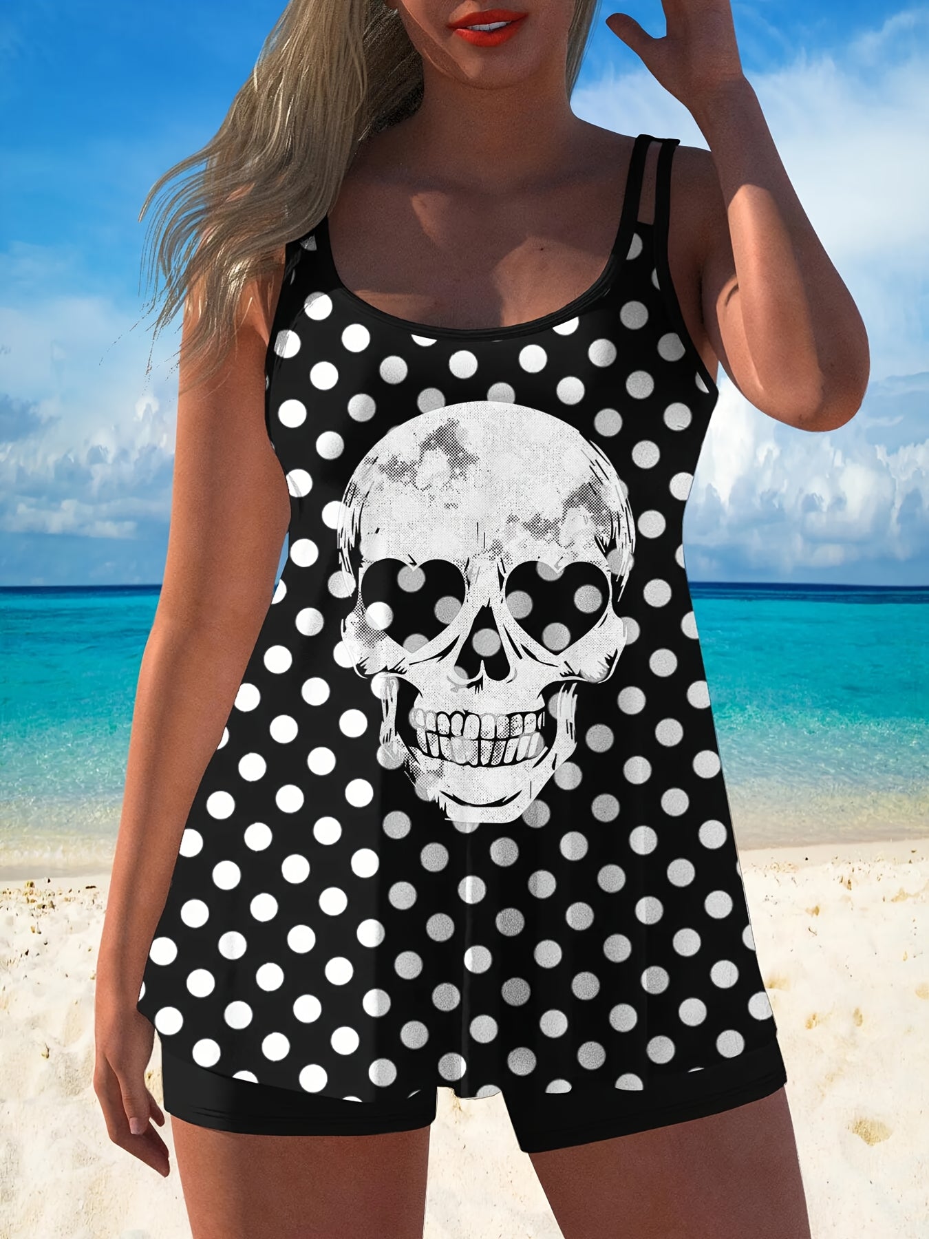 Adorable Skeleton-Themed Two-Piece Swimsuit for Women, Featuring a Stylish Black Design with a Conservative Double Shoulder Tankini Style, Perfect for a Laid-Back Halloween Look