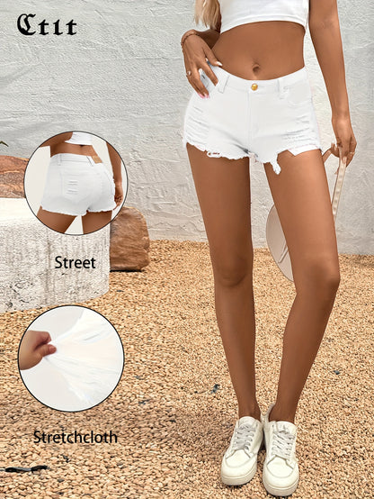 Regular Hole Stretch Denim, Casual Shorts, Y2K Cute Short Jeans