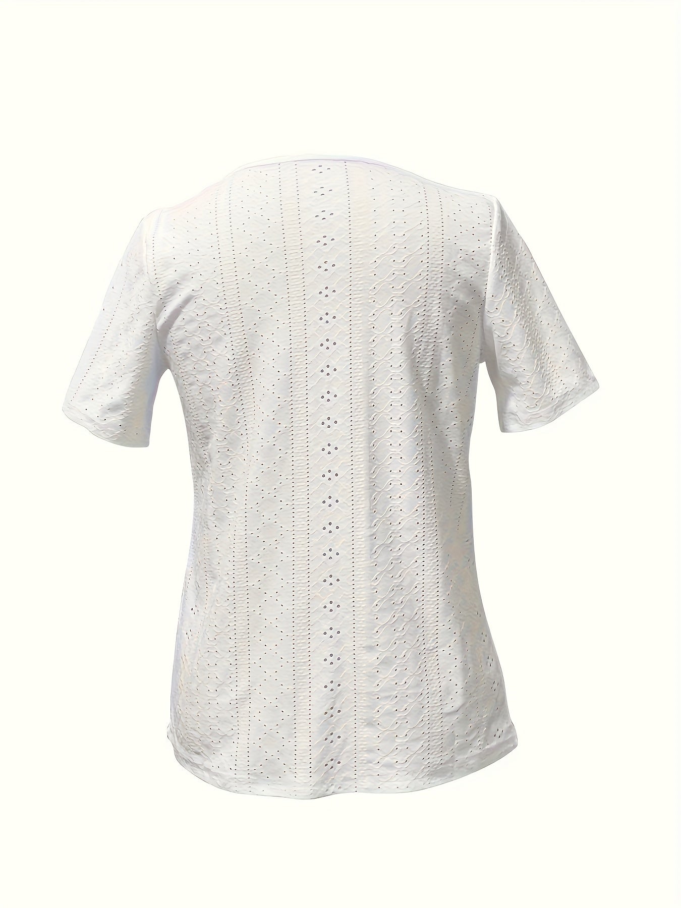 Short-Sleeved T-Shirt for Women with Button Embellishments, Featuring a Stylish Solid Color V-Neck, Made from Breathable with High Elasticity, And a Semi-Transparent Jacquard Design, Perfect for Spring And Summer