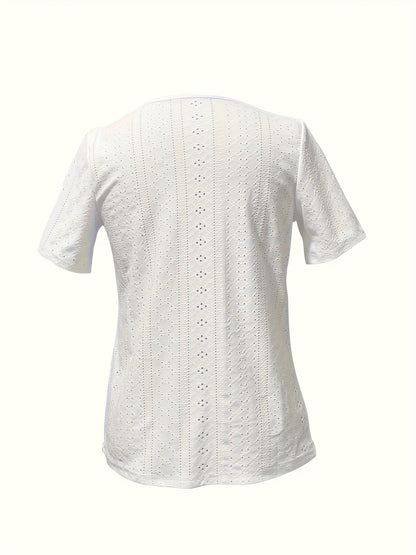 Short-Sleeved T-Shirt for Women with Button Embellishments, Featuring a Stylish Solid Color V-Neck, Made from Breathable with High Elasticity, And a Semi-Transparent Jacquard Design, Perfect for Spring And Summer