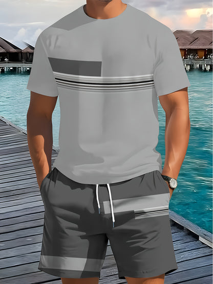 [3D Printing 2pcs Set] Summer 3D Printed Men'S Breathable Comfortable Outdoor Casual Short-Sleeve Crew Neck T-Shirt And Shorts Adult Set