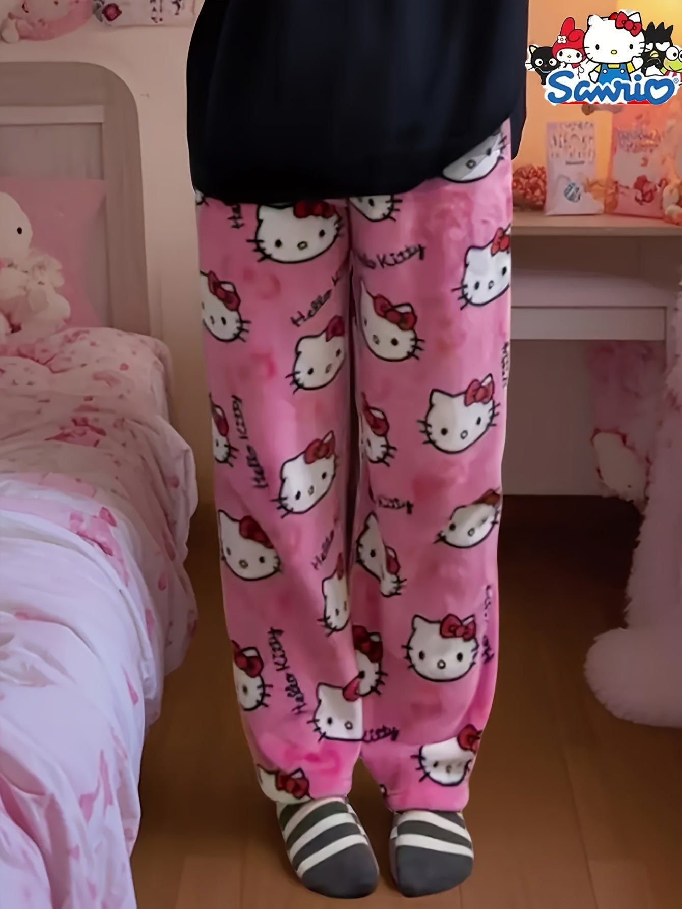 Sanrio KT Cat Pajama Pants for Women - 2pcs Sleepwear Set with Cute KT Cat Face & Full-Length Pants, Cozy Flannel Pajamas for s, - Nightwear ()