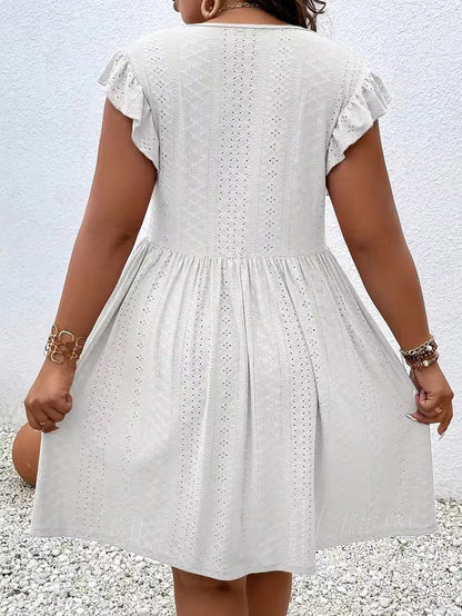 Plus Size - Summer Plus-Size Women'S Hollow-Out Embroidered Dress - Cross V-Neck with Ruffled Short Sleeves And a Flared Skirt, Made of Lightweight Breathable Fabric, Available in Sizes L-5XL, Suitable for Beach Or Casual Wear