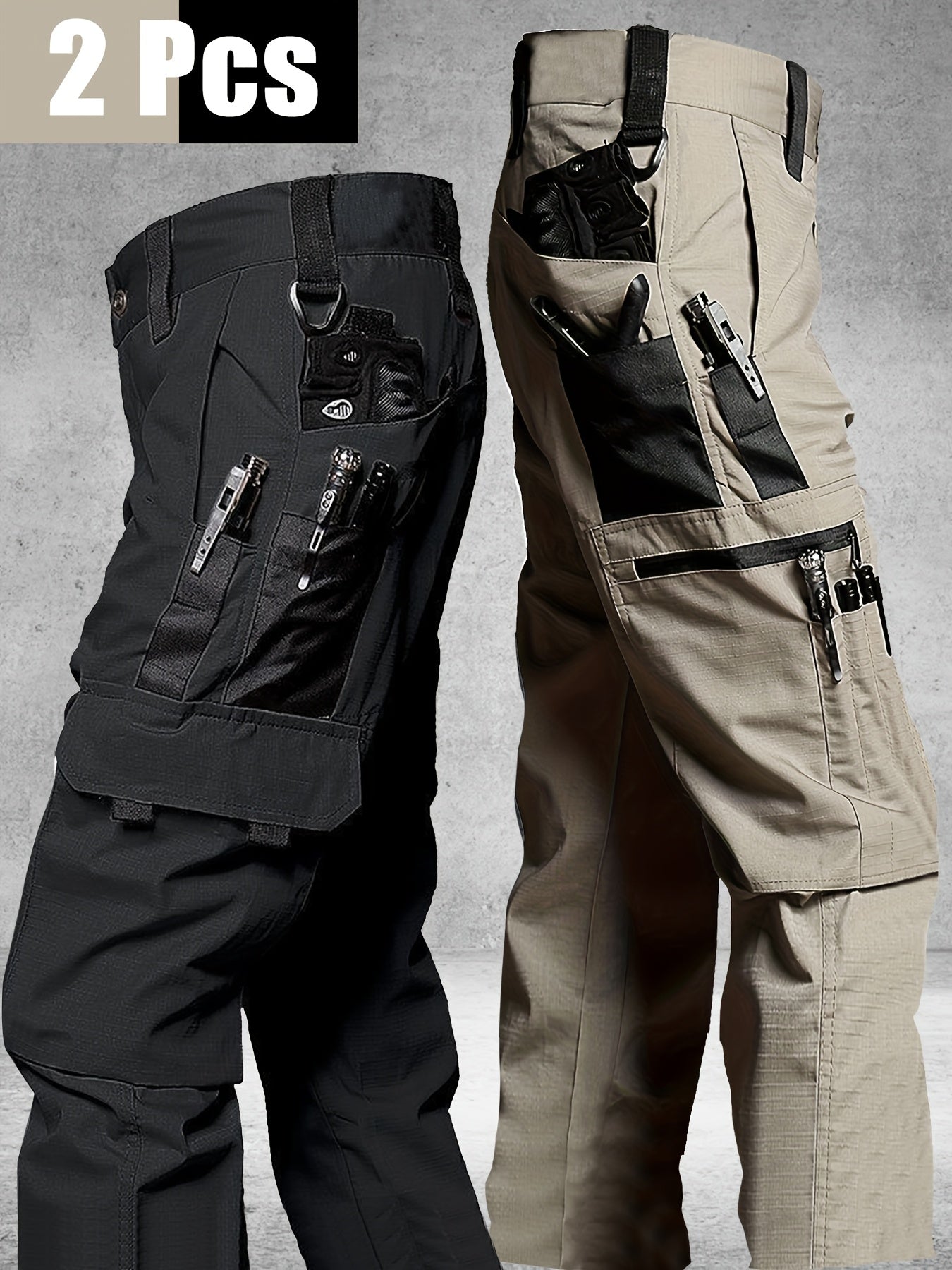 2 Pairs of Men's Tactical Cargo Pants, Outdoor Construction Hiking Multi-pocket Durable Casual Tactical Trousers | Adjustable Waistband | Hiking and Mountaineering Gear (waistband Not Included)