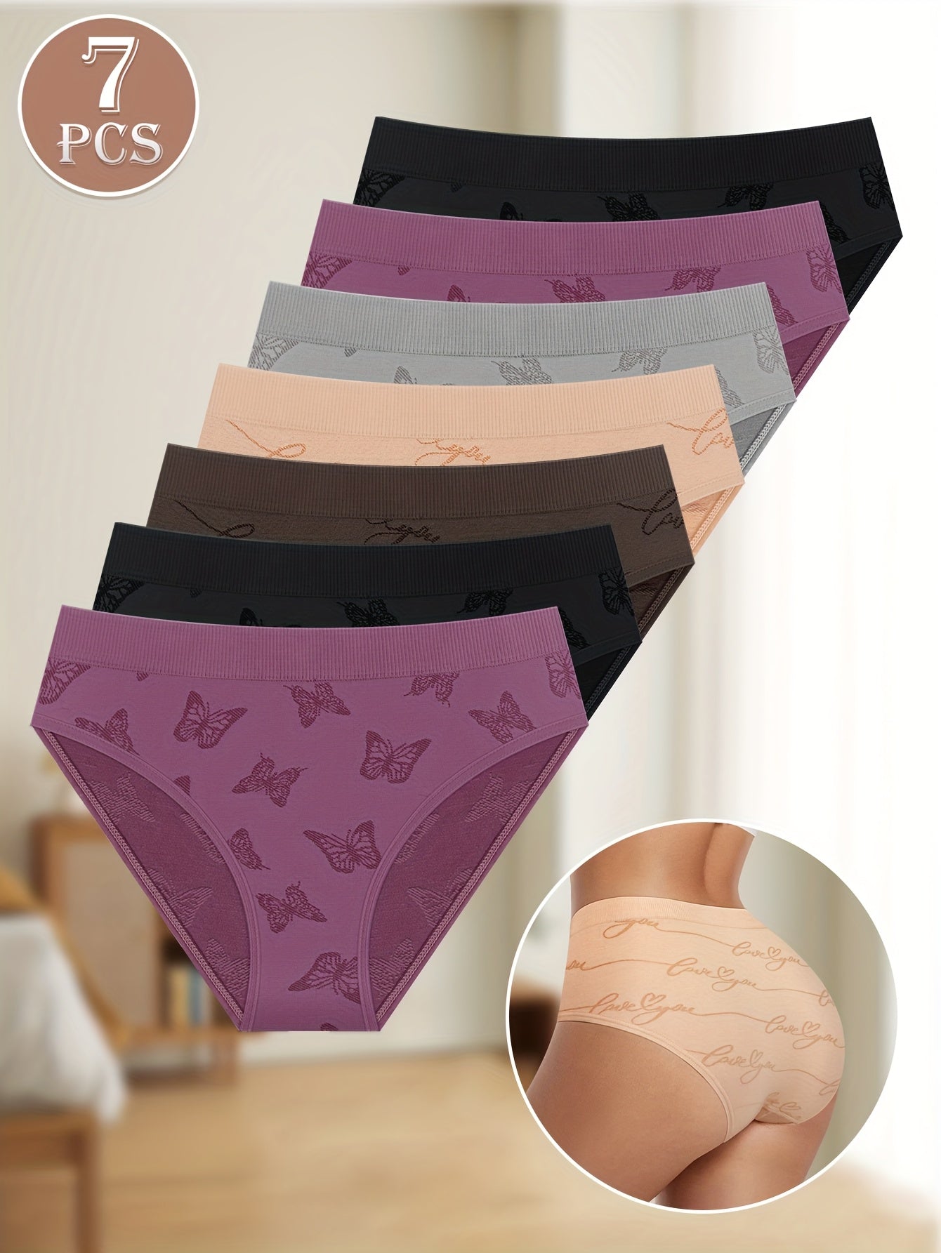 7pcs Women's Low-Waist Briefs, Sexy Panties with Butterfly Print, Elastic Hip-Hugging Design, Soft & Comfortable Everyday Underwear for Various Occasions