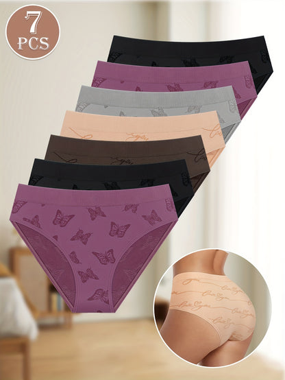 7pcs Women's Low-Waist Briefs, Sexy Panties with Butterfly Print, Elastic Hip-Hugging Design, Soft & Comfortable Everyday Underwear for Various Occasions