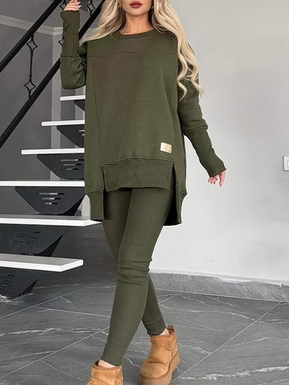 2pcs New Women'S Fashionable Casual Top with Slit Long Sleeves And Round Neck Casual Solid Color Set Suitable for Spring Workplace Commutes