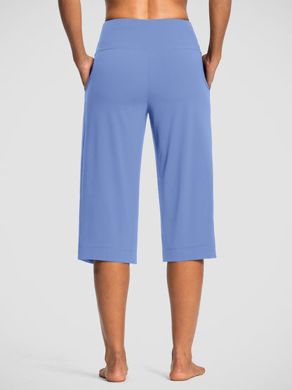 18'' Women's High-Waisted Wide Leg Yoga Capri Pants with Elastic Waist - Loose Comfortable Stretchable Soft Pants Suitable for Yoga, Workout, Casual & for Business Occasions - Spring Summer Fall Wearable with Practical Pockets (No Needed)