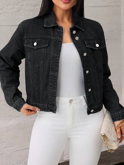 Women Black Denim Jacket Classic Button Front Long Sleeve Casual Outerwear Stylish Collared Short Coat with Pockets Soft Durable Fashion Streetwear Versatile All Season Layering Piece Comfortable Trendy Daily Outfit Essential Chic Modern Denim Style