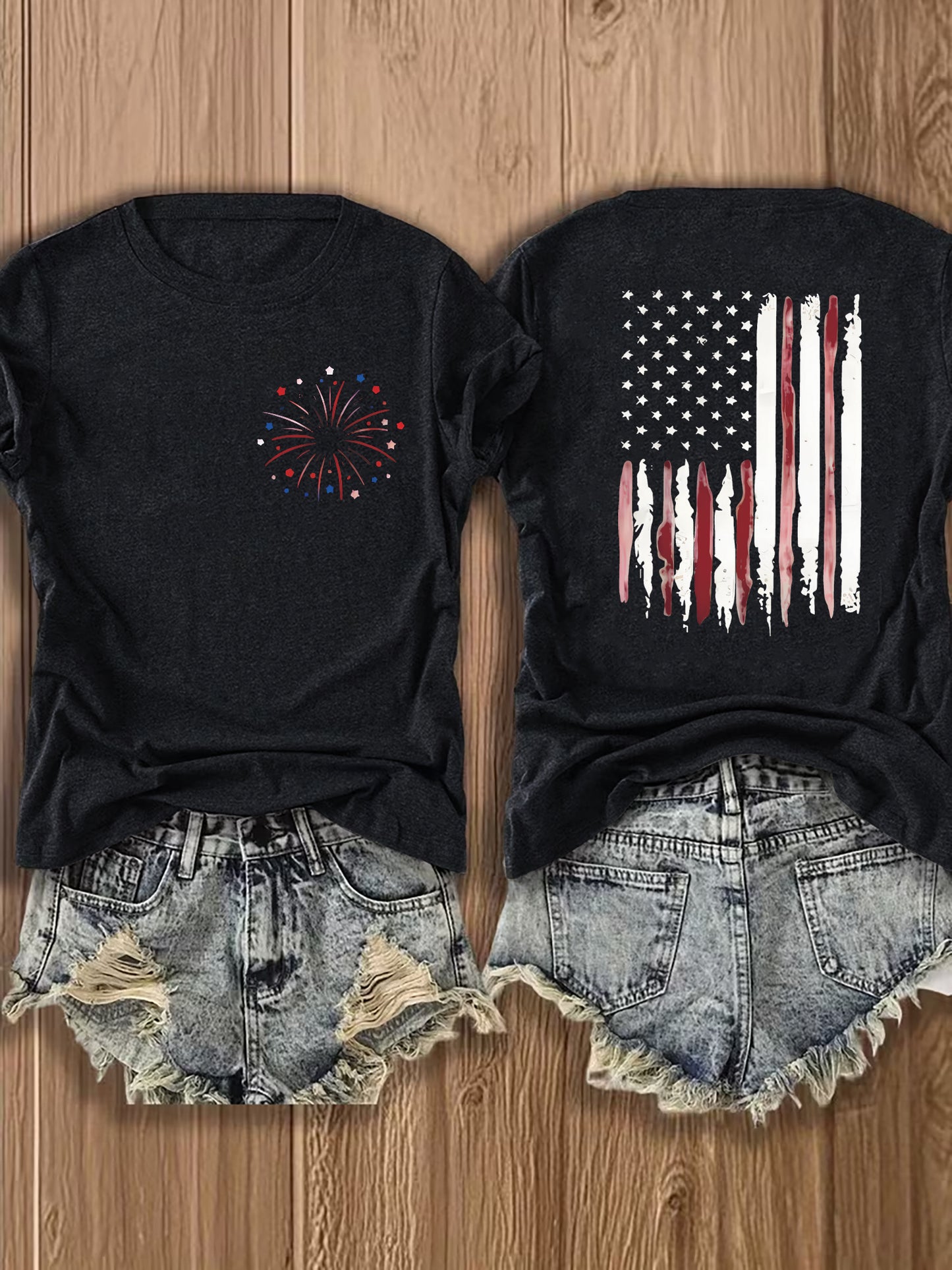 Women'S Summer Crew Neck Short Sleeve T-Shirt, Lightweight & Breathable, American Flag & Fireworks Print, Casual Street Style Top For Daily Wear & Patriotic Celebrations, Comfortable Athletic Outfit