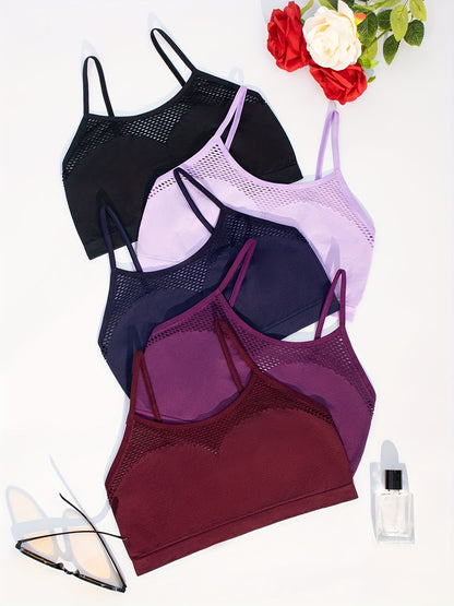 5pcs Multi-Color Seamless Sexy Hollow Out Breathable Fishing Net Outer Wear Daily Bra And Seamless Adjustable Straps Casual Ladies Camisole Tank Bra