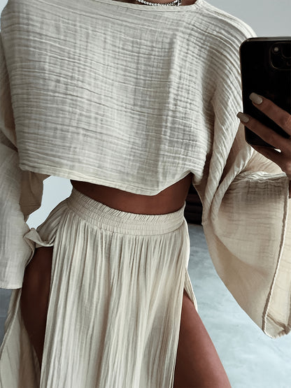 Spring Summer Women'S Chic Vacation Set| Soft Fabric Relaxed Fit Tapered Design| Cropped Top High Waist Slit Casual Pants Two Piece Set Style For Casual Friday And Weekend Errands Occasions| Comfortable Beach Outfits For Women