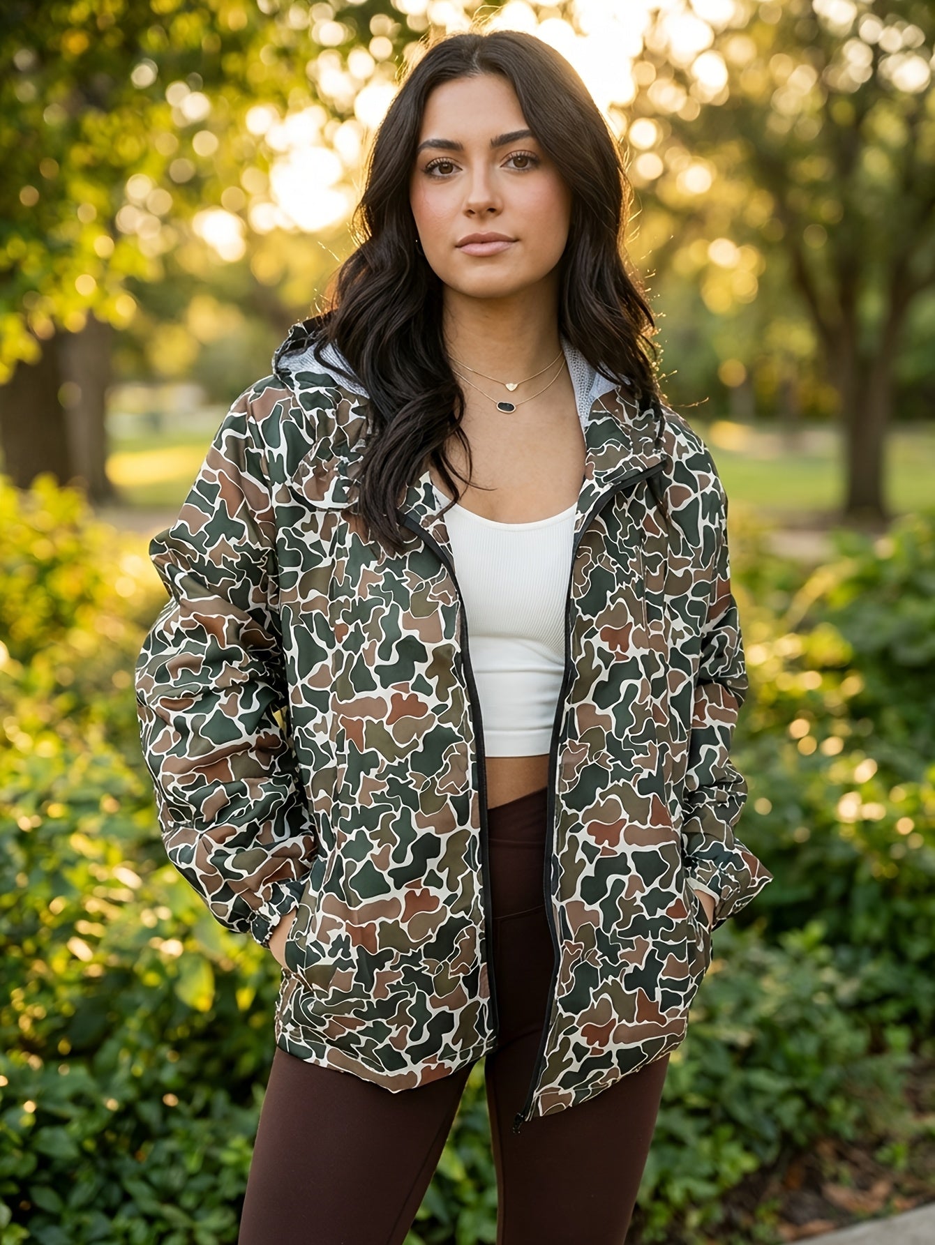 Camo Hooded Jacket Women's, Streetwear Windbreaker, Casual Fall Outerwear, Fashion Hoodie for Daily Wear