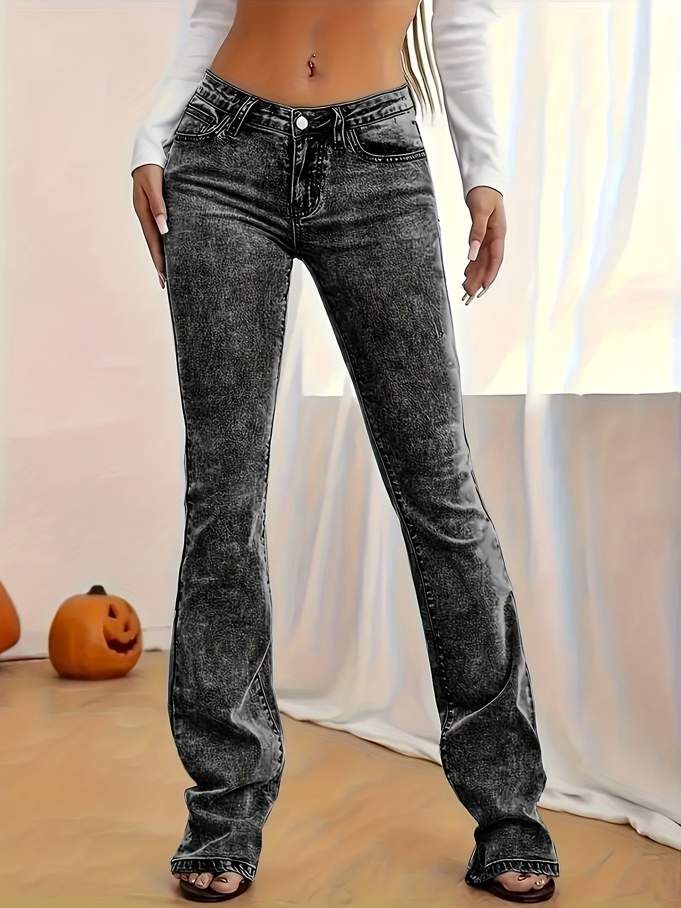 2026 NEW [Long Length Skinny Flare Jeans] Women'S Casual Skinny Flare Jeans, Long Length, Low Waist, Button Fly, Medium Stretch, All Seasons, Solid Color