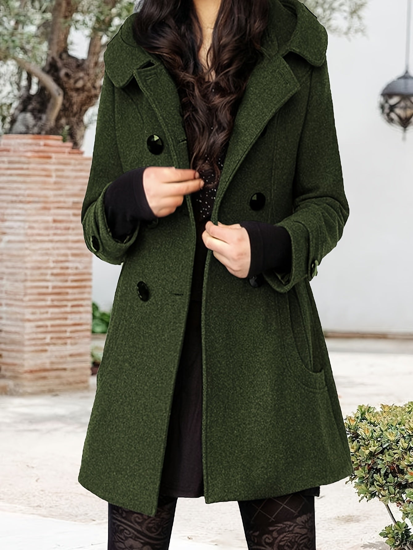 Women'S Hooded Double-Breasted Wool Blend Mid-Length Elegant Casual Coat