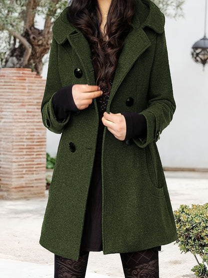 Women'S Hooded Double-Breasted Wool Blend Mid-Length Elegant Casual Coat