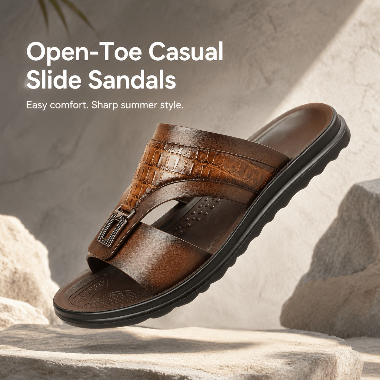 Men's Textured Slide Sandals, Crocodile-Print Straps with Metal Buckle - Minimalist Summer Shoes for Resort & Lounge