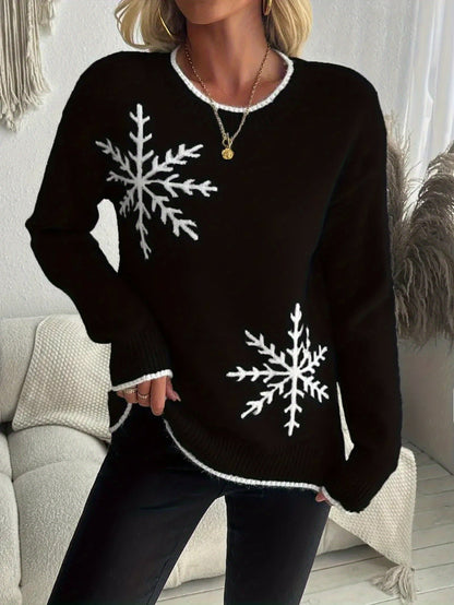 Women'S Snowflake Print Sweater - Winter Season, Holiday Style, Long Sleeves, Contrast Trim, Trendy Holiday Fashion, Ideal for Christmas Parties, Winter Outings, And Festive Events