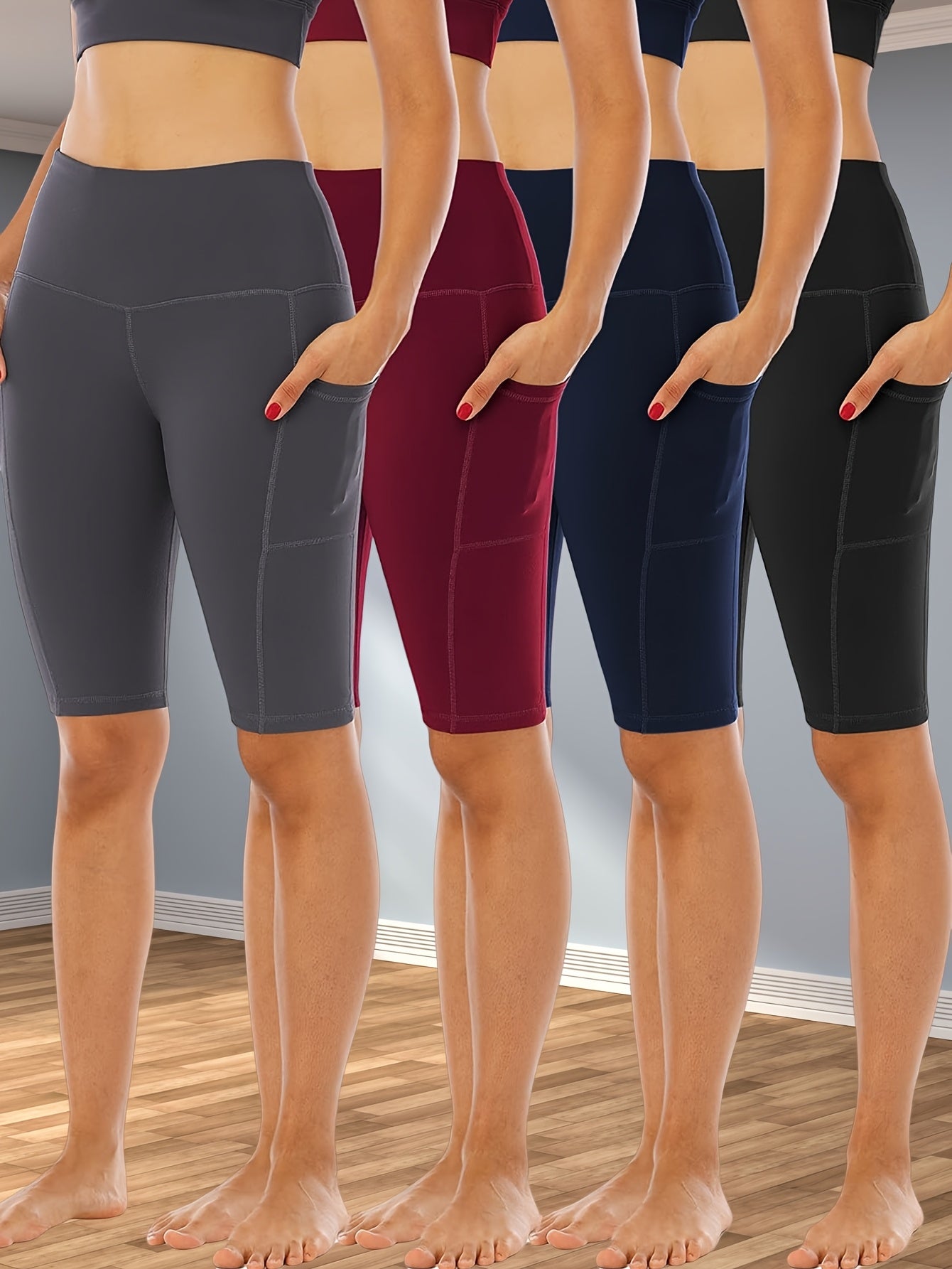 4pcs Women's High-Waisted Yoga Shorts with Pockets, Stretchy Fitness Running Cycling Workout Shorts with Tummy Control