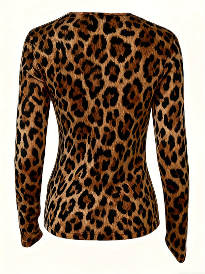 Ladies' Fashionable And Elegant Slim-fitting Leopard Print Long-sleeved T-shirt With Metal Chain Decoration And Heart Pendant, Suitable For Dating, Parties, And Casual Wear In Spring, Autumn, And Winter