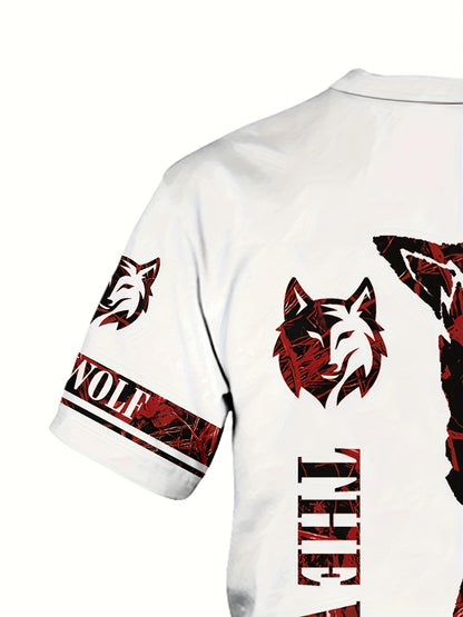 Summer Men's wolf pattern casual round neck short-sleeved T-shirt and shorts 2pcs set, suitable for outdoor activities