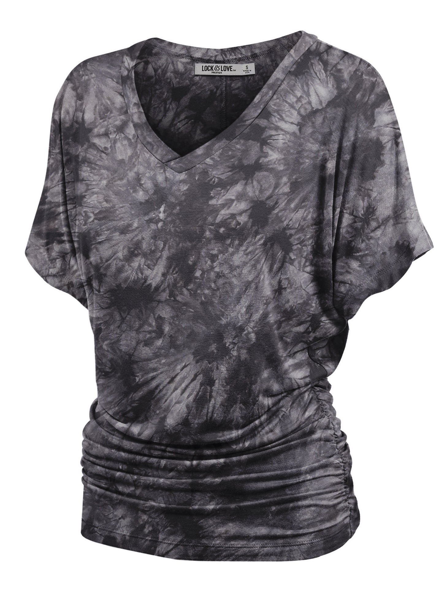 Women's Short Sleeve V Neck Tie-Dye Dolman Top w/Side Shirring