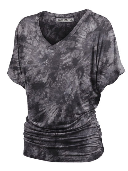 Women's Short Sleeve V Neck Tie-Dye Dolman Top w/Side Shirring