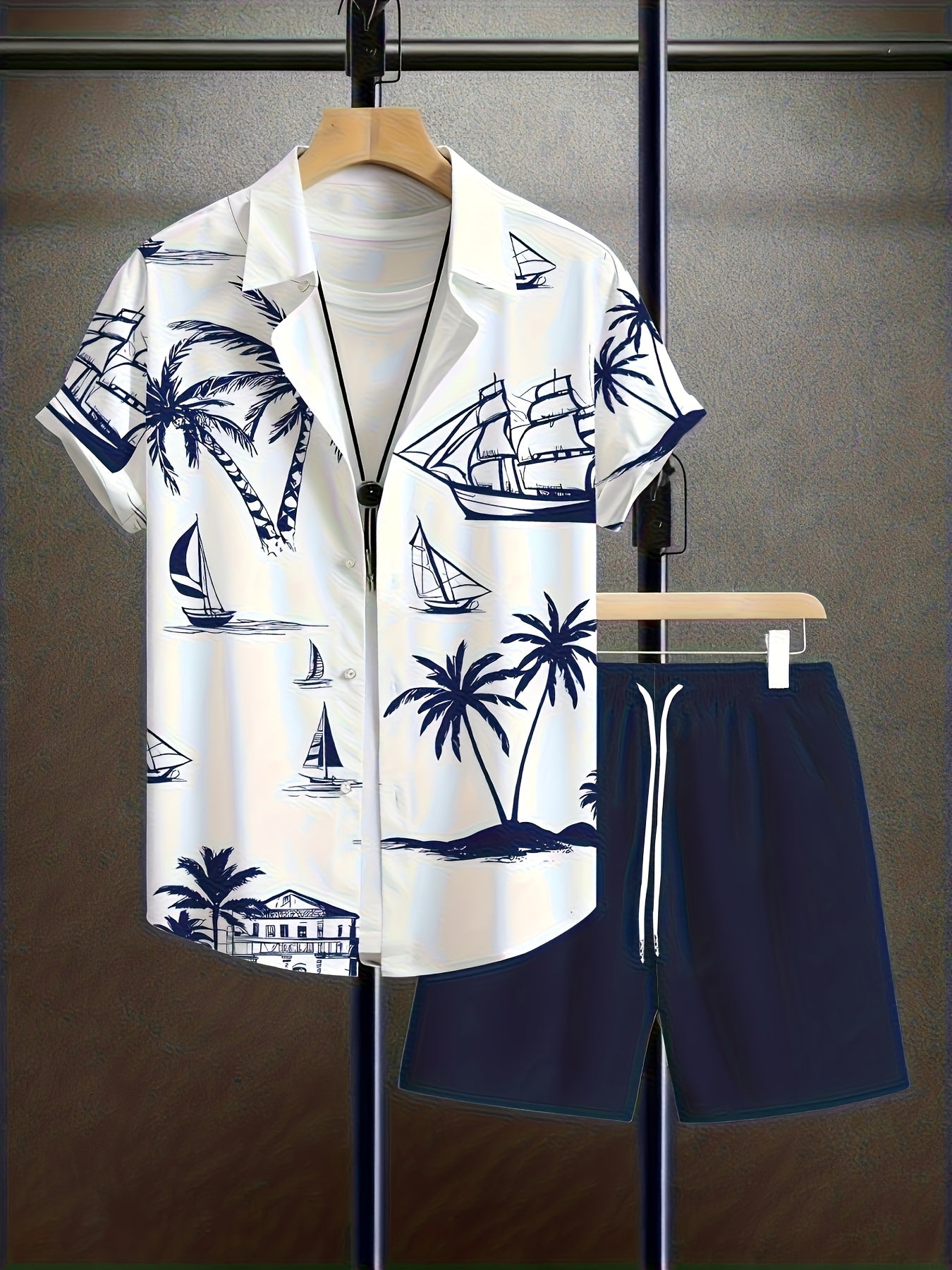 2pcs Summer Casual Daily Men's Shirt Shorts Set, Hawaiian Print Pattern, Suitable Outdoor Sports, Men's Beach Shorts Casual Round Neck Short Sleeve Shirt T-Shirt and Elastic Waistband Shorts, Ted Polyester Fabric, Washable
