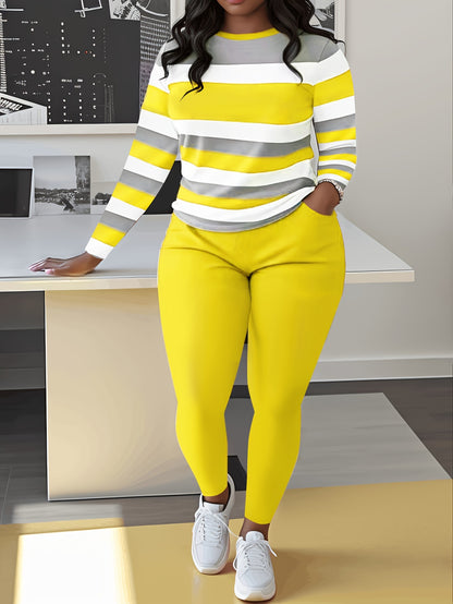Plus Size Color Block Two-piece Set, Casual Crew Neck Long Sleeve Top & Pants Outfits, Women's Plus Size Clothing