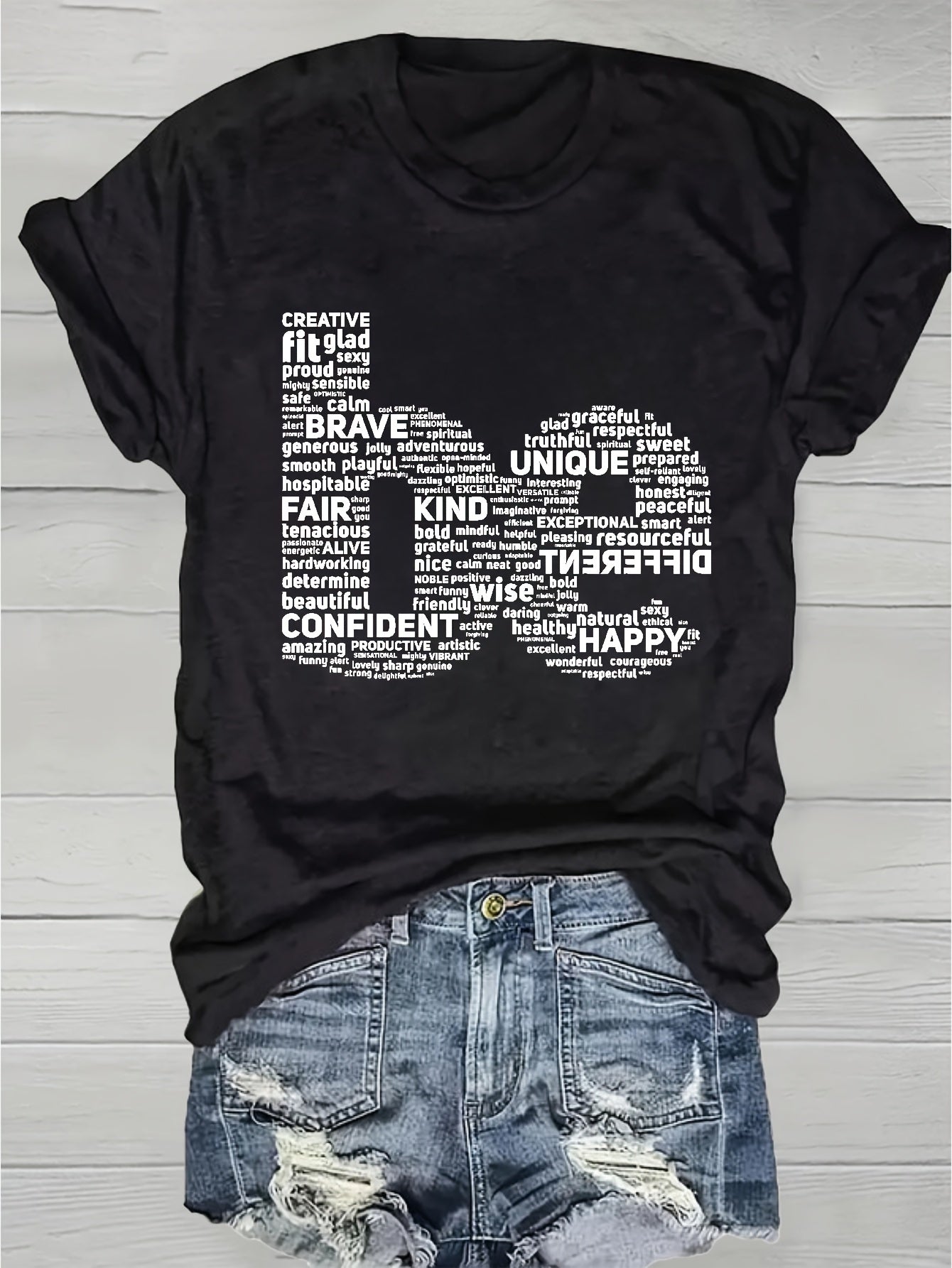 Women's Inspirational Word Cloud Print T-Shirt - Soft Breathable Round Neck Short Sleeve, Light Grey with Positive Affirmations, Medium Stretch Casual Top for Spring Summer Daily & Party Wear, Machine Washable