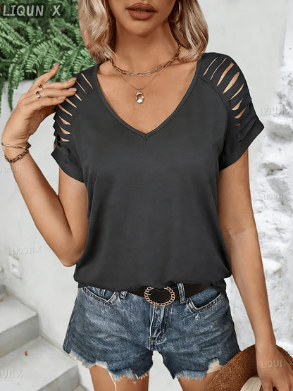 (A17) Women's Sheer Short-sleeved Solid-color T-shirt (V-neck Style), Ideal for Fashionable Outfits