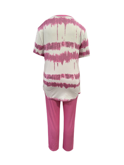 Plus Size, Ladies Plus Size Daily Fashion And Leisure Suit, Horizontal Wavy Striped Printed T-shirt with Short Sleeves And Pocket Trousers, Ladies Elegant Suit.