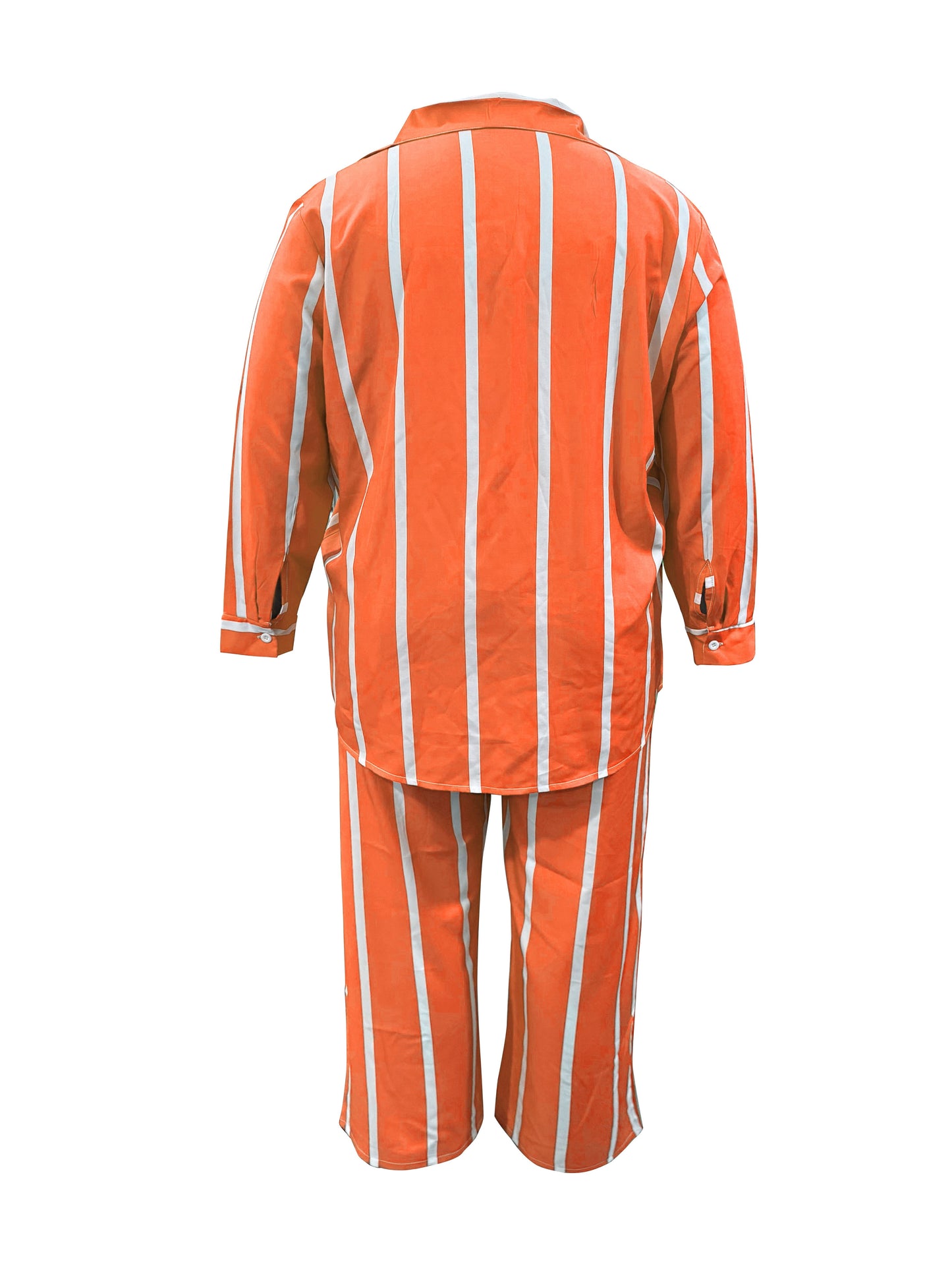 Women's Two-piece Striped Long-sleeved Button- Shirt with Wide-leg Trousers with Pockets