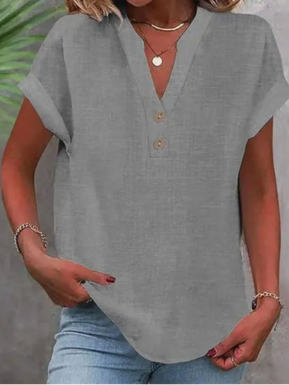 ZOELNIC Women's V-Neck Button-Front Placket T-Shirts - Short Sleeve Casual Summer Tops, Breathable Daily Wear Shirts Suitable for Spring/Summer, Solid Color Casual Wear, Machine Washable (No)