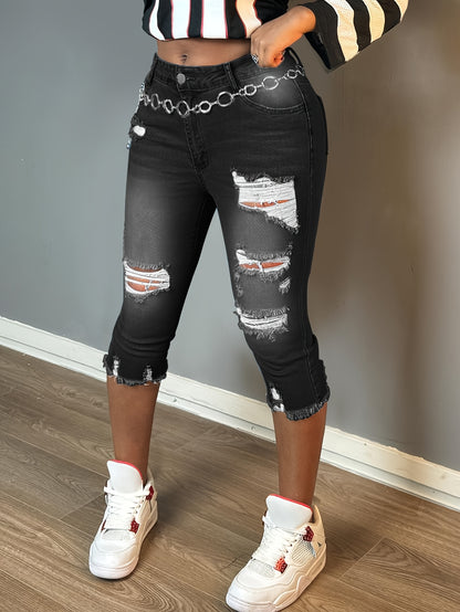Women Fashion Casual Ripped Capri Jeans Slim Fit Stretchy Denim Pants Classic Raw Hem Denim Three Quarter Pants