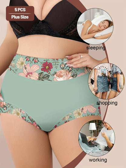 5pcs Plus Size Elegant Panties Women's Floral Print High Waisted Soft Briefs