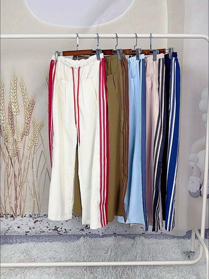 Women's Wide Leg Pants Drawstring High Rise Side Striped Slouchy Palazzo Pants with Pockets