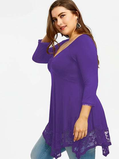 Plus Size - Plus Size - Floral Jacquard Lace Top in Plus Size - Stylish Contrast Edging, Round Neckline, Long Sleeves - Elegant Solid Tops for Curvy Women for Easy Fashion