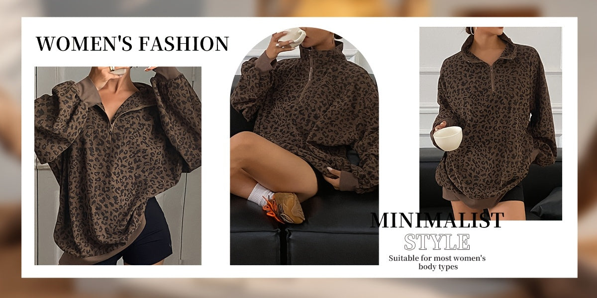 Women's Casual Leopard Print Zip-Up Long Sleeve Sweatshirt - Loose Fit, Half-Zip Design, Brown & Black Retro Style, Cozy Fall/Winter Wear, Leopard Print Sweater