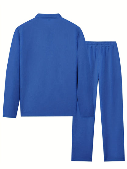 Mens 2pcs Outfits, New Spring Fall Waffle Knit Long Sleeve Top & Pants Set, Comfortable Breathable Casual Sports Tracksuit for Daily Workout