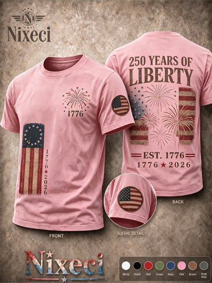 Nixeci Pure T-Shirt Men'S 180G Summer Crewneck Short Sleeve, Patriotic Vintage American Flag Fireworks Double-Sided Multi Print, 4Th of July Independence Day 250 Years of Liberty Casual Loose Fit Tee