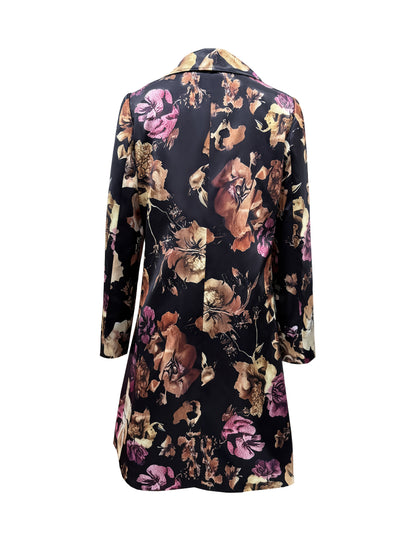 Plus Size - Plus Size - Long-Sleeved Single-Breasted Mid-Length Suit Jacket with Floral Pattern