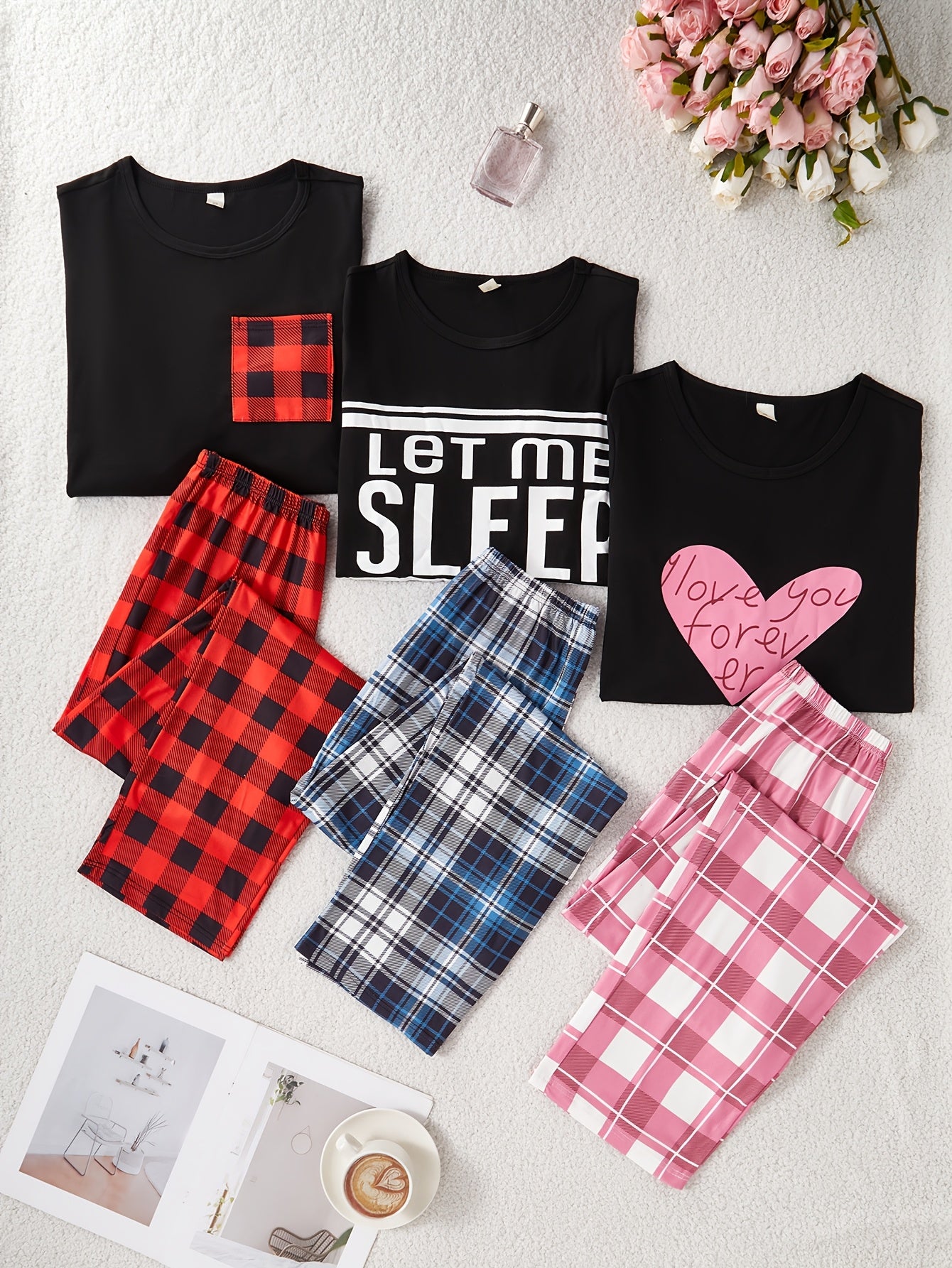 New Style Pajama Set for Women, Casual Indoor Home Wear, Letter Printed Long-sleeved And Short-sleeved Tops, Checked Trousers, Six-piece Set