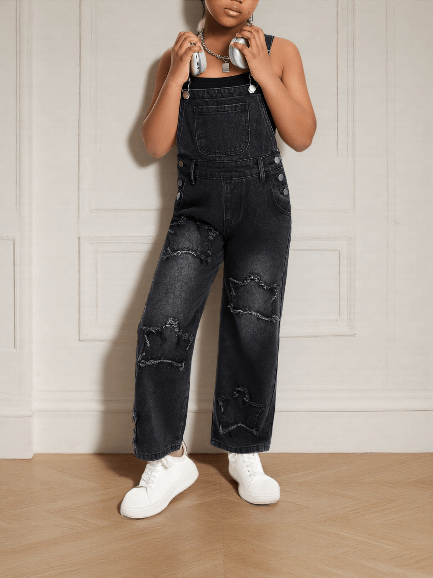 Girls' Star Embroidered Denim Overalls - Wide Leg
