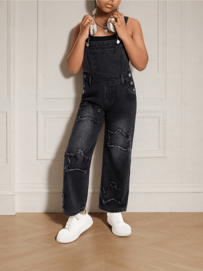 Girls' Star Embroidered Denim Overalls - Wide Leg