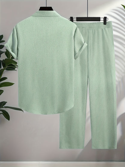 Men's Shirt Trousers Suit, Fashionable Bubble Plaid Simple Casual Lapel Short-sleeved Shirt And Solid Color Trousers Suit