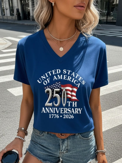 Women'S Elegant Vneck Short-Sleeved T-Shirt | Featuring Flag Print, Soft Stretchy Fabric, Machine Washable, Ideal For Spring/Summer Casual Wear