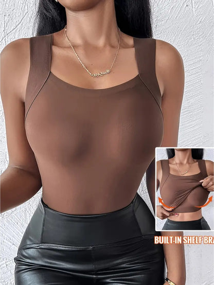 3pcs Women'S Plus Size Seamless Tank Top with Built-In Bra- Slim-Fit Lifting, Skin-Friendly Base Layer, Sleeveless Wide Straps, Solid Black/Apricot/Brown, Smooth Washable Fabric, All-Season Layering for Daily Use
